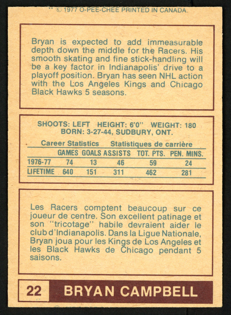 Bryan Campbell Autographed 1977-78 WHA O-Pee-Chee Card #22 Edmonton Oilers SKU #151337
