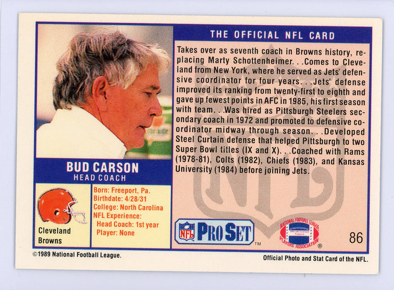 Bud Carson Autographed 1989 Pro Set Card #86 Cleveland Browns SKU #134695