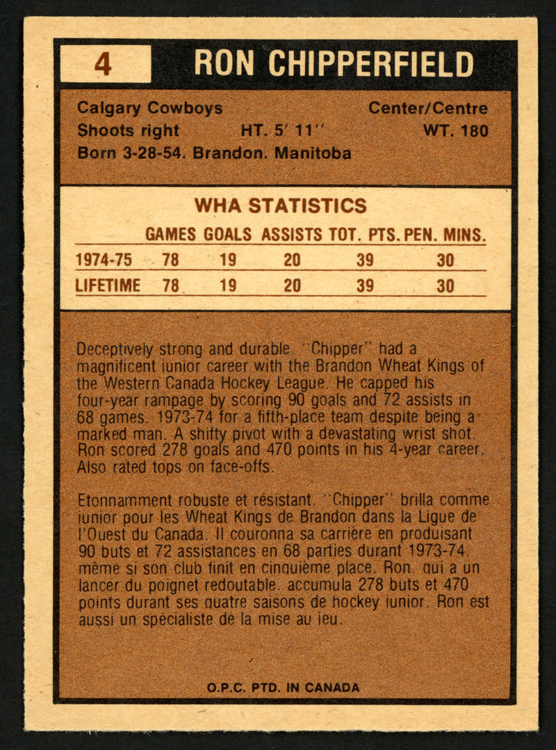 Ron Chipperfield Autographed 1975-76 WHA O-Pee-Chee Card #4 Calgary Cowboys SKU #151392