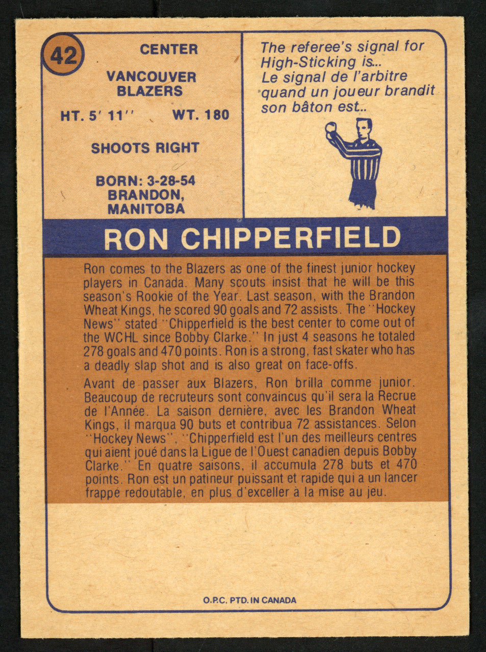 Ron Chipperfield Autographed 1974-75 WHA O-Pee-Chee Card #42 Vancouver Blazers SKU #151915