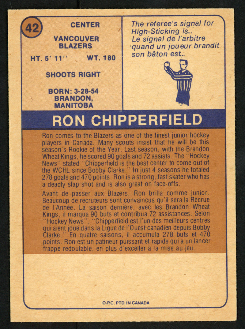 Ron Chipperfield Autographed 1974-75 WHA O-Pee-Chee Card #42 Vancouver Blazers SKU #151915
