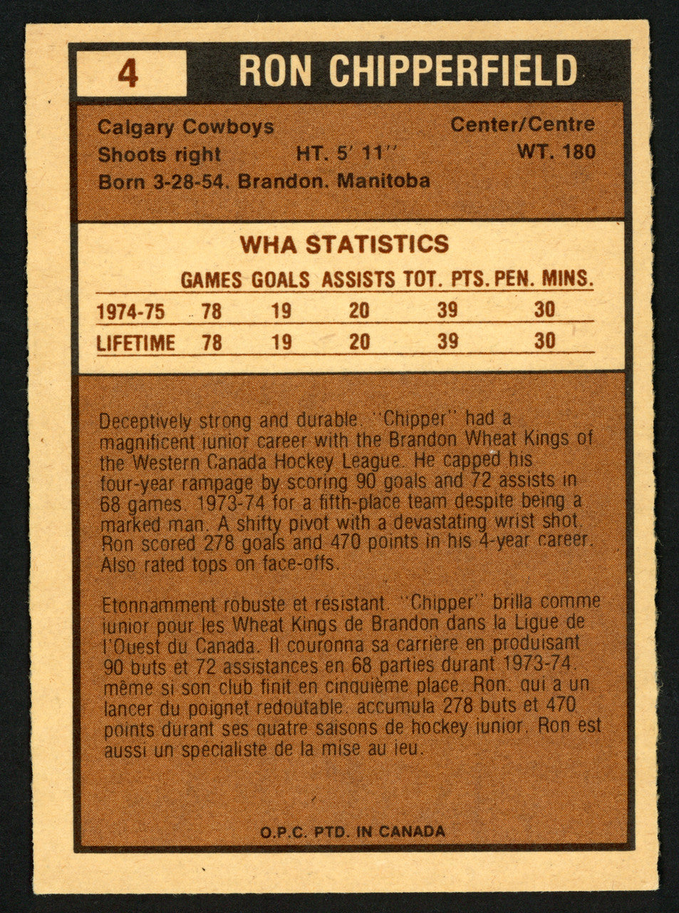 Ron Chipperfield Autographed 1975-76 WHA O-Pee-Chee Card #4 Calgary Cowboys SKU #151391