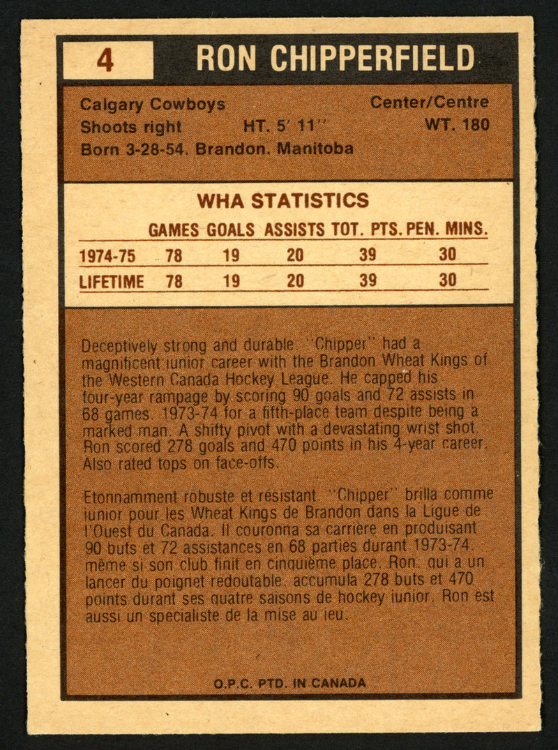 Ron Chipperfield Autographed 1975-76 WHA O-Pee-Chee Card #4 Calgary Cowboys SKU #151391