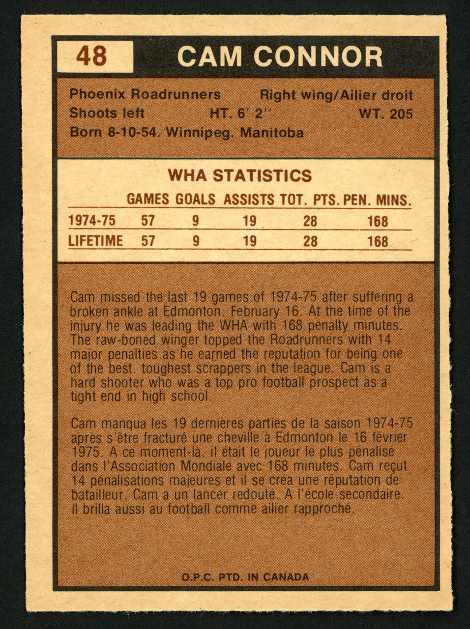 Cam Connor Autographed 1975-76 WHA O-Pee-Chee Rookie Card #48 Phoenix Roadrunners SKU #151406