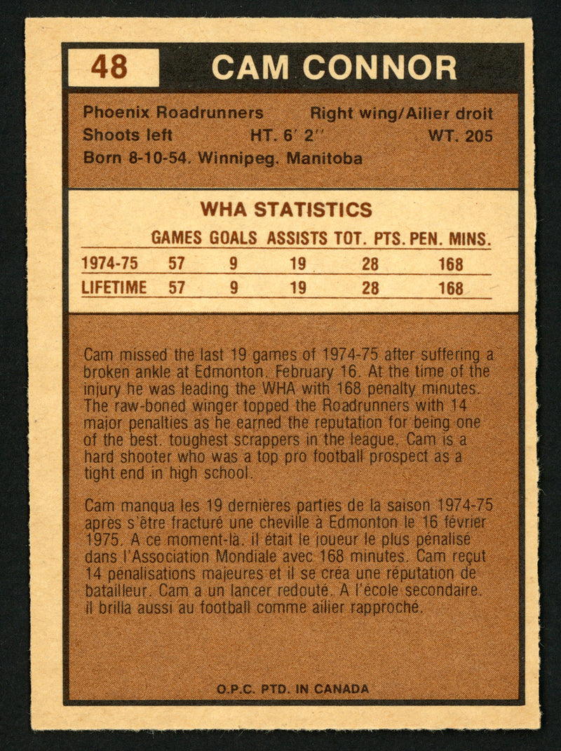 Cam Connor Autographed 1975-76 WHA O-Pee-Chee Rookie Card #48 Phoenix Roadrunners SKU #151406