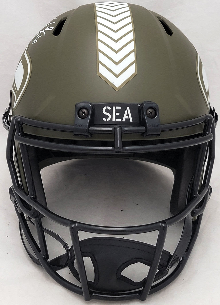 Tyler Lockett Autographed Seattle Seahawks Army Green Salute To Service Full Size Replica Speed Helmet MCS Holo Stock #209184