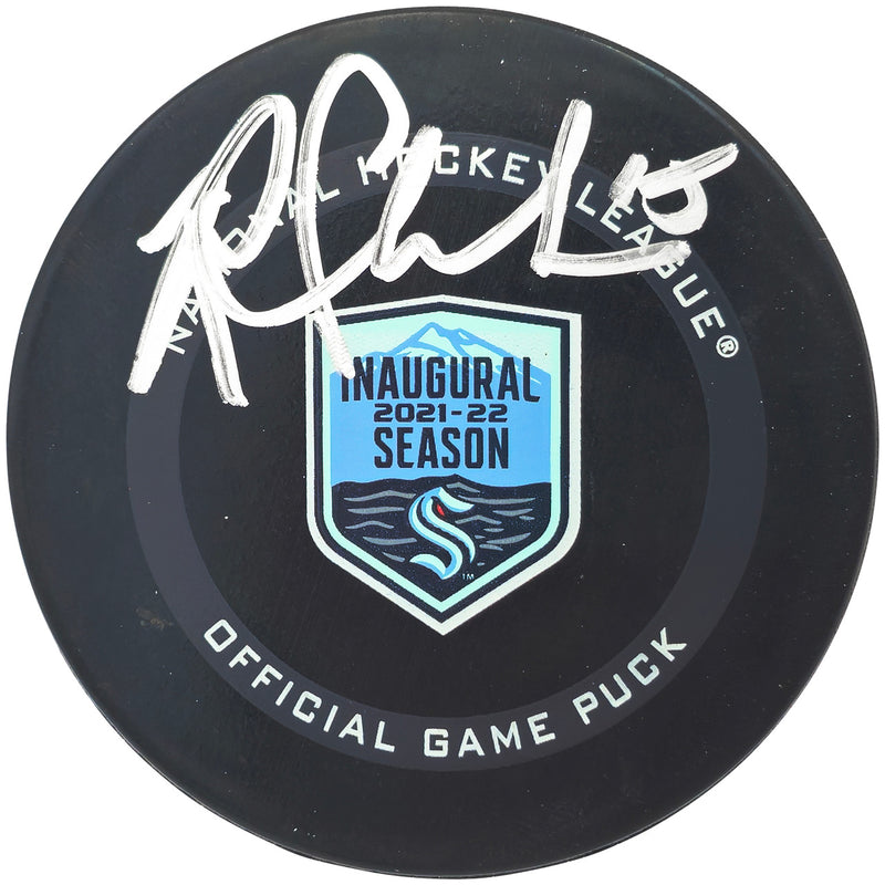 Riley Sheahan Autographed Official Seattle Kraken Inaugural Season Logo Hockey Puck Fanatics Holo Stock #234984
