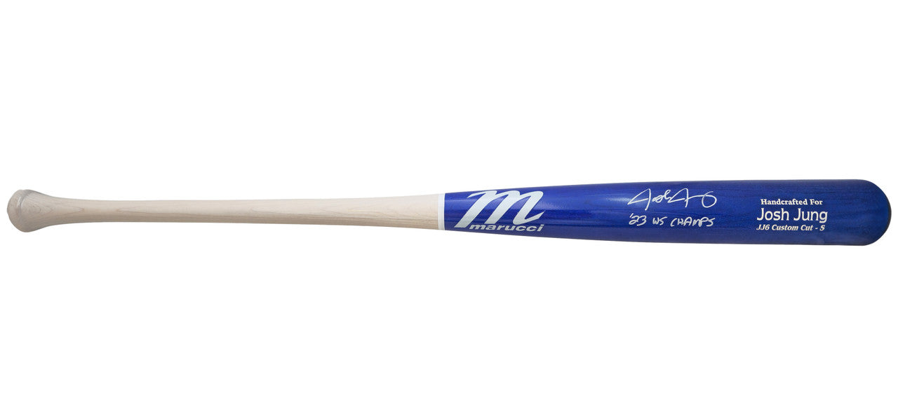 Josh Jung Autographed Blue/White Marucci Player Model Bat Texas Rangers "23 WS Champs" Beckett BAS Witness Stock #221362