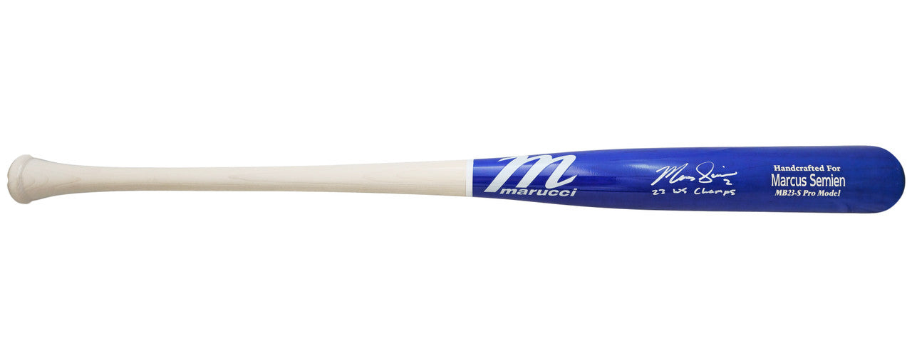 Marcus Semien Autographed Blue/White Marucci Player Model Bat Texas Rangers "23 WS Champs" Beckett BAS Witness Stock #221357