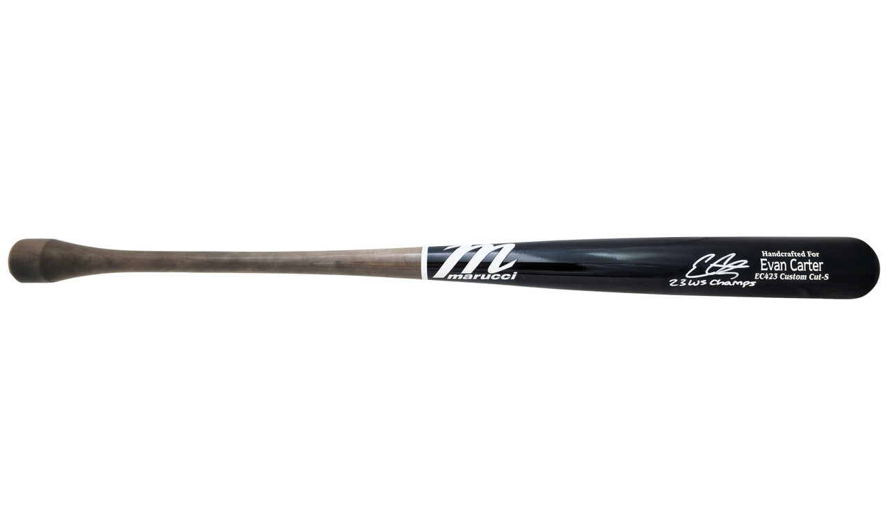 Evan Carter Autographed Navy/Grey Marucci Player Model Bat Texas Rangers "23 WS Champs" Beckett BAS Witness Stock #221364