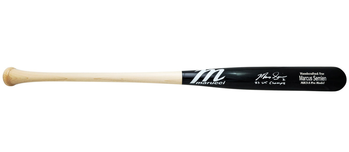Marcus Semien Autographed Black/White Marucci Player Model Bat Texas Rangers "23 WS Champs" Beckett BAS Witness Stock #221359