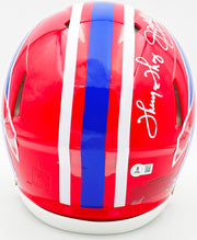 Jim Kelly, Thurman Thomas & Andre Reed Autographed Buffalo Bills Team Greats Red 1987-01 Throwback Full Size Speed Authentic Helmet Beckett BAS Witness Stock #236169