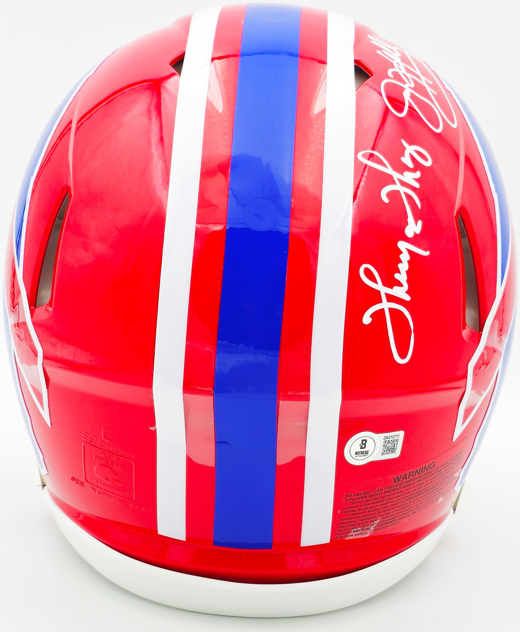 Jim Kelly, Thurman Thomas & Andre Reed Autographed Buffalo Bills Team Greats Red 1987-01 Throwback Full Size Speed Authentic Helmet Beckett BAS Witness Stock #236169