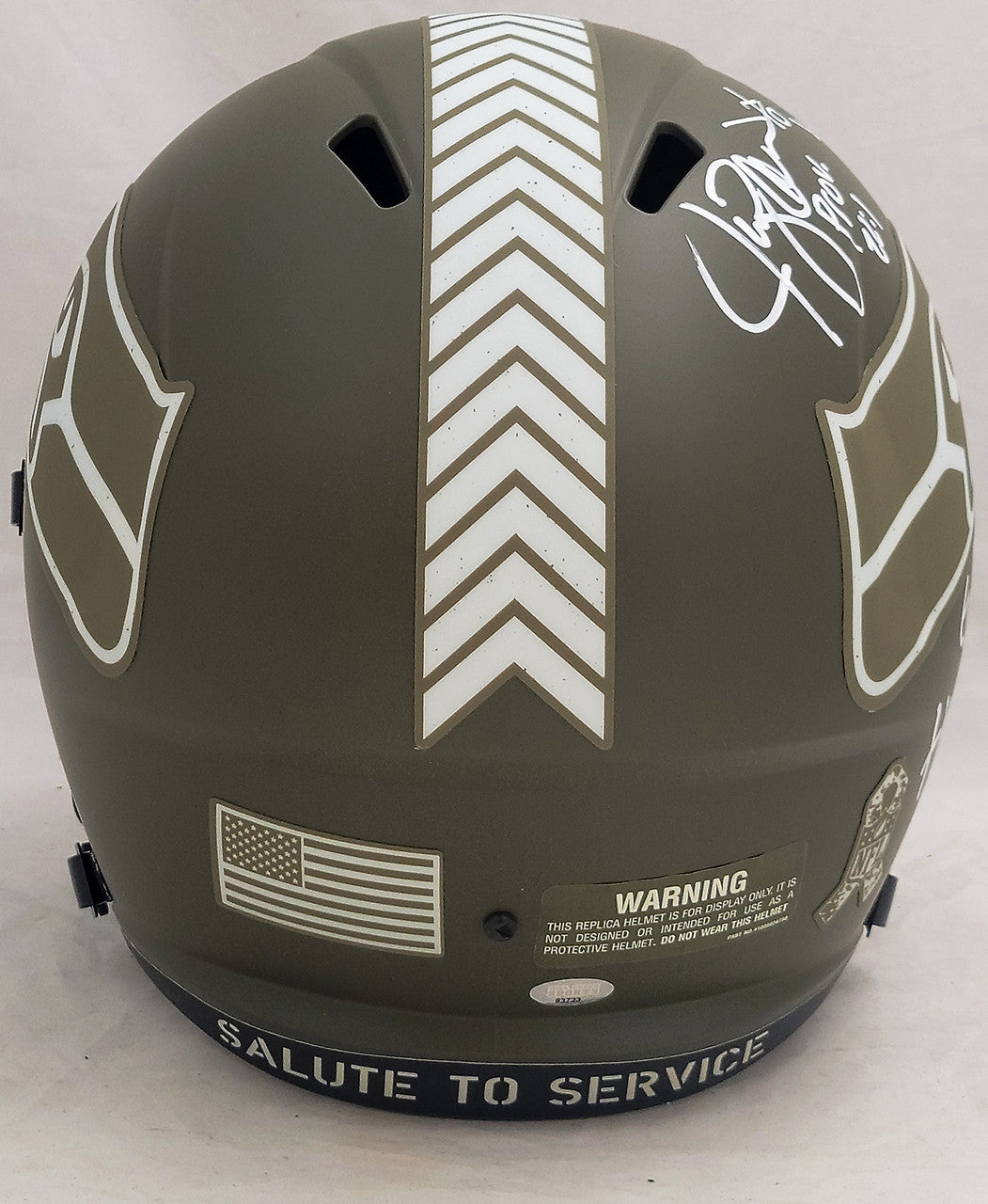 Steve Largent & Jim Zorn Autographed Seattle Seahawks Camo Salute To Service Full Size Replica Speed Helmet "Go Hawks!" MCS Holo Stock #210443