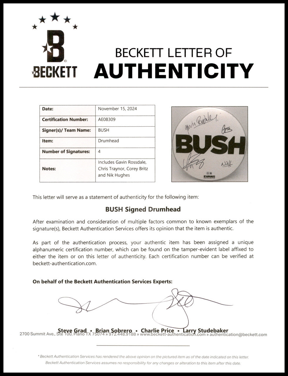 Bush Autographed Drumhead Signed By All 4 Band Members Including Gavin Rossdale Beckett BAS Stock #237003