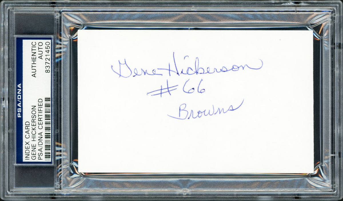 Gene Hickerson Autographed 3x5 Index Card Cleveland Browns Blue Sharpie PSA/DNA Stock #211343