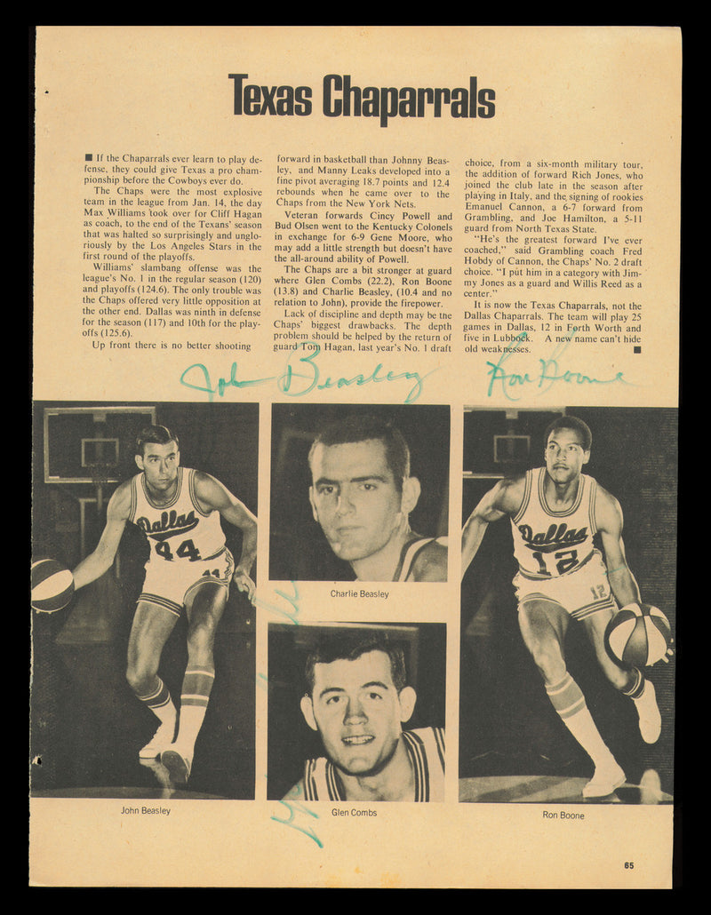 John Beasley, Ron Boone & Glen Combs Autographed 8x11 Magazine Photo 1970-71 Texas Chaparrals SKU #237921
