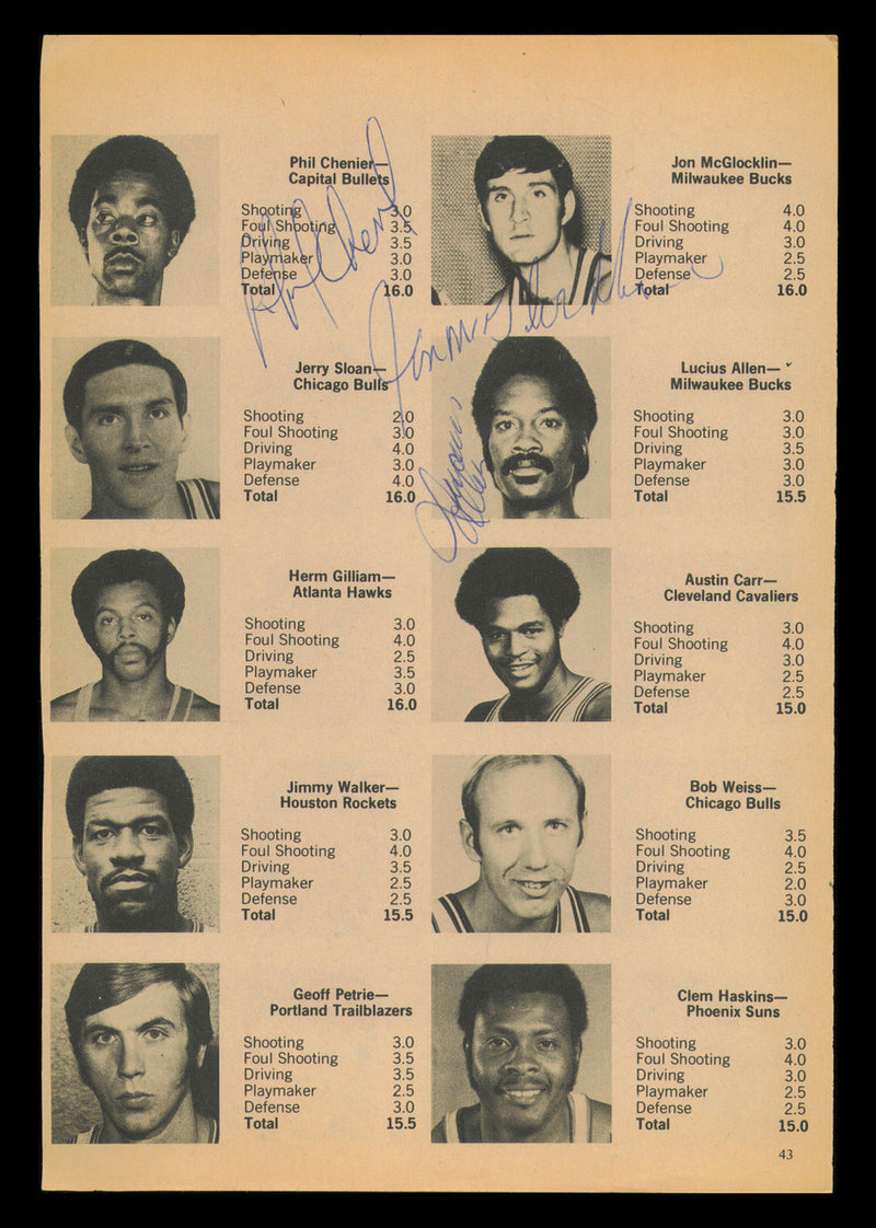 Phil Chenier, Lucius Allen & Jon McGlocklin Autographed 7x11 Magazine Photo Fred Brown & 2 Others On Back SKU #237941