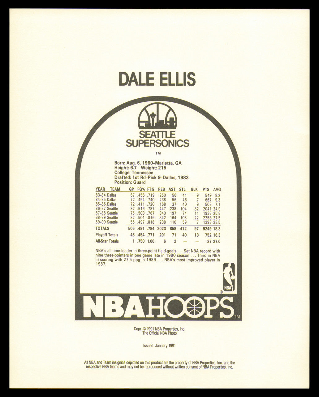 Dale Ellis Autographed 8x10 Photo Seattle Supersonics SKU #237944