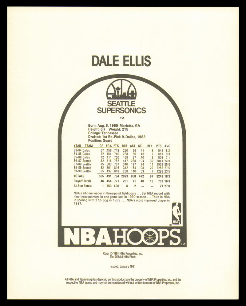 Dale Ellis Autographed 8x10 Photo Seattle Supersonics SKU #237944