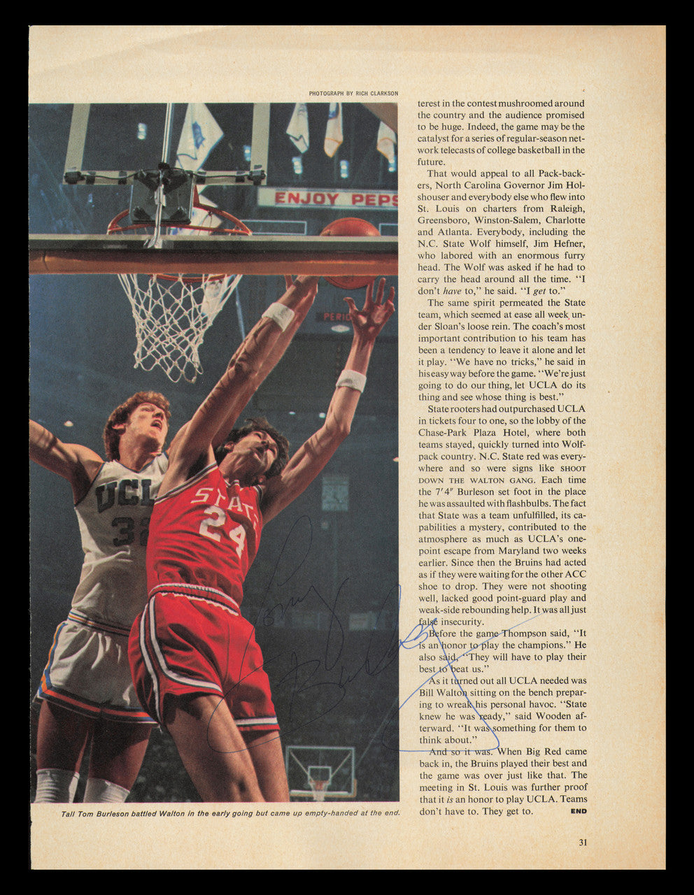 Tom Burleson Autographed 8x11 Magazine Photo NC State SKU #238091