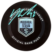 Yanni Gourde Autographed Official Seattle Kraken Inaugural Season Logo Hockey Game Puck Signed In Teal Fanatics Holo Stock #211605