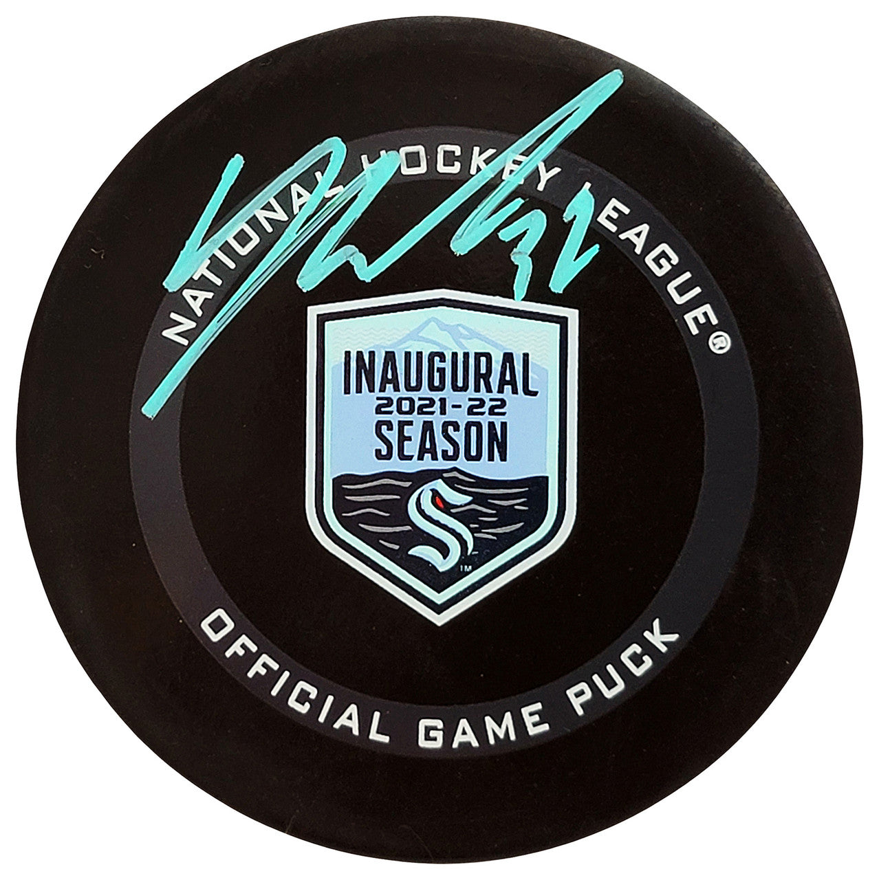 Yanni Gourde Autographed Official Seattle Kraken Inaugural Season Logo Hockey Game Puck Signed In Teal Fanatics Holo Stock #211605