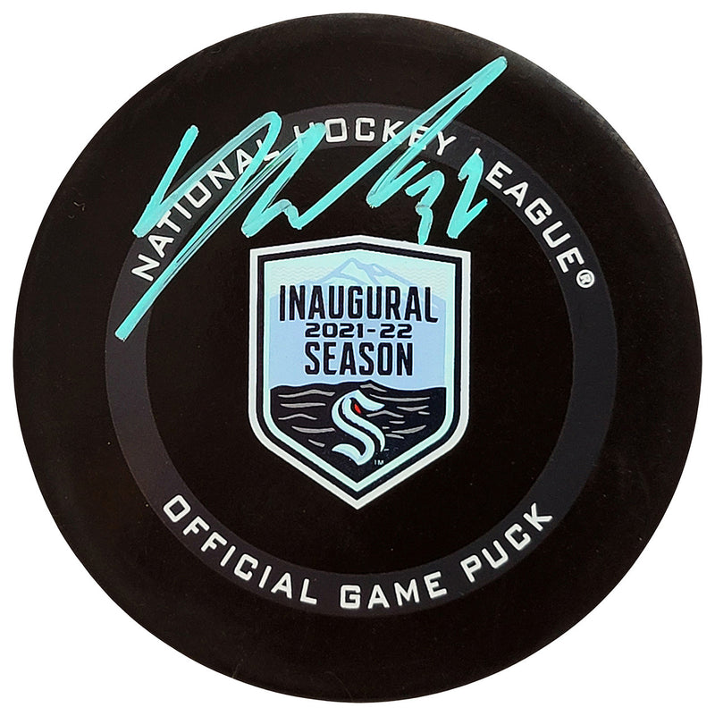 Yanni Gourde Autographed Official Seattle Kraken Inaugural Season Logo Hockey Game Puck Signed In Teal Fanatics Holo Stock #211605