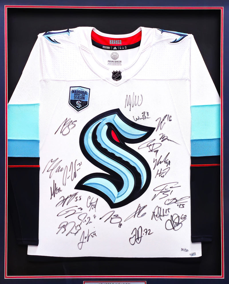 Seattle Kraken 2021-22 Inaugural Season Team Signed Autographed Framed White Adidas Jersey With 24 Signatures Including Jordan Eberle & Jared McCann Fanatics Holo Stock #223780