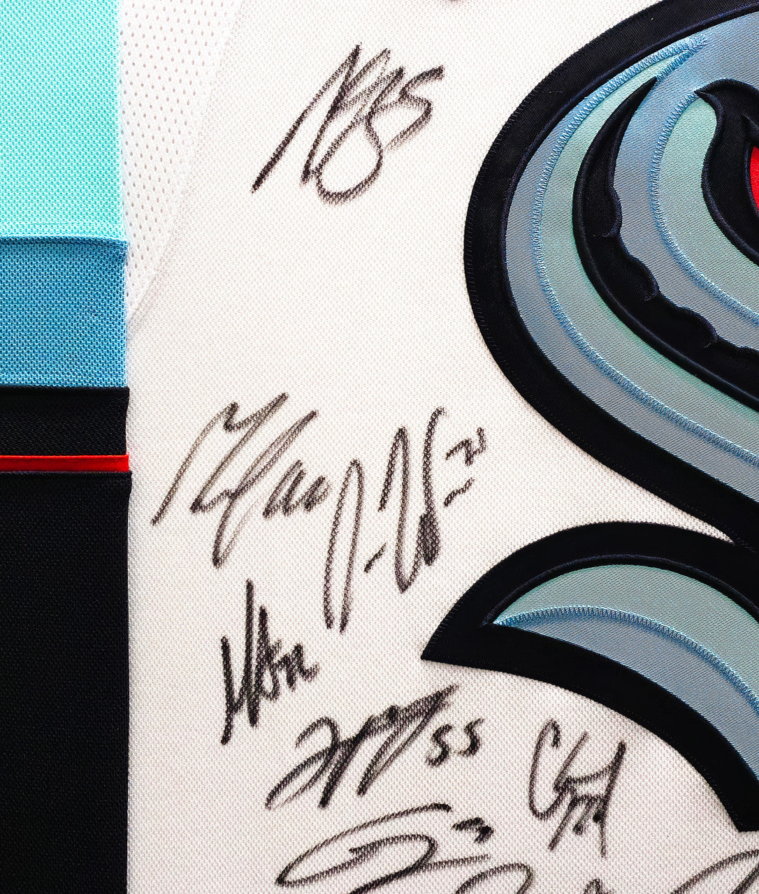 Seattle Kraken 2021-22 Inaugural Season Team Signed Autographed Framed White Adidas Jersey With 24 Signatures Including Jordan Eberle & Jared McCann Fanatics Holo Stock #223780