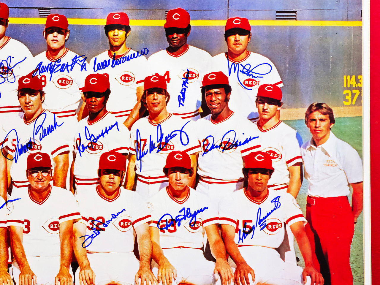 1976 Cincinnati Reds Big Red Machine Team Autographed Framed 24x36 Poster With 27 Signatures Including Johnny Bench & Pete Rose Beckett BAS Stock #223770