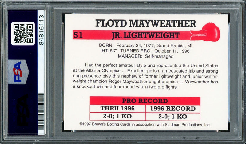 Floyd Mayweather Jr Autographed 1997 Brown's Boxing Rookie Retro Reprint Rookie Card #51 Auto Grade Gem Mint 10 "50-0" PSA/DNA Stock #211854