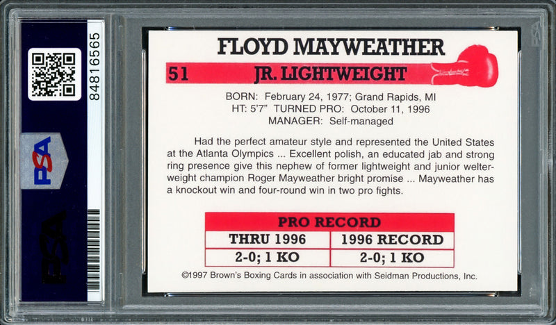 Floyd Mayweather Jr Autographed 1997 Brown's Boxing Rookie Retro Reprint Rookie Card #51 "TMT" The Money Team PSA/DNA Stock #211859