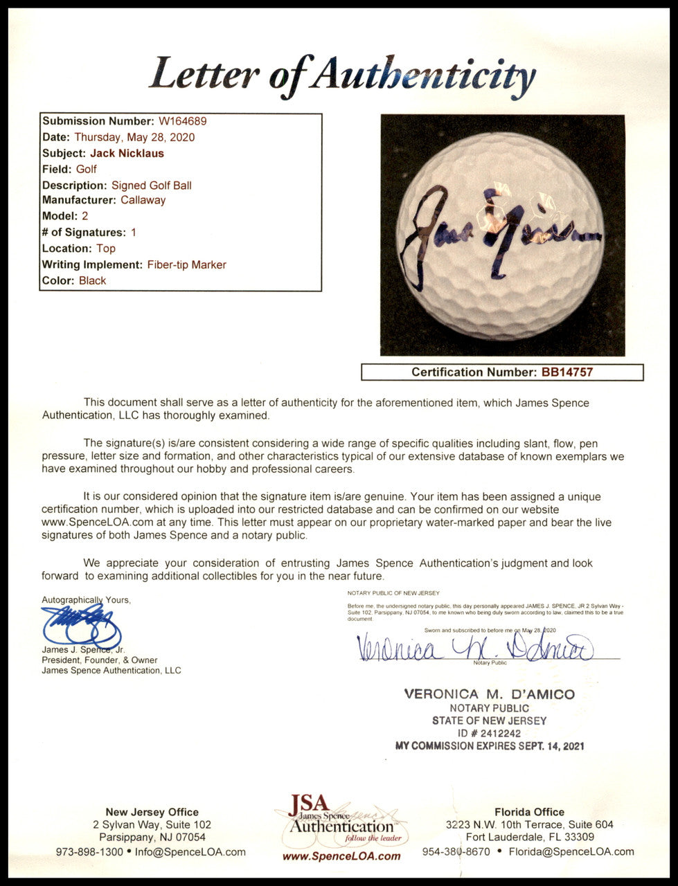 Jack Nicklaus Autographed Callaway Golf Ball JSA #BB14757