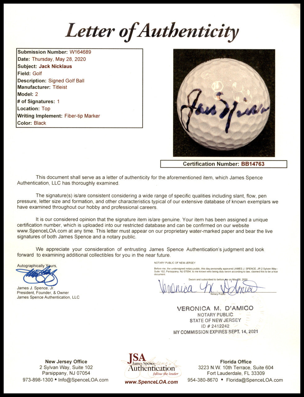 Jack Nicklaus Autographed Titleist Golf Ball JSA #BB14763