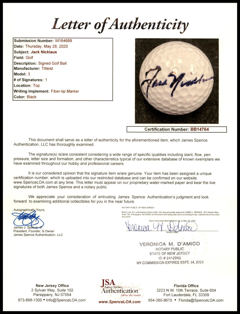 Jack Nicklaus Autographed Titleist Golf Ball JSA #BB14764