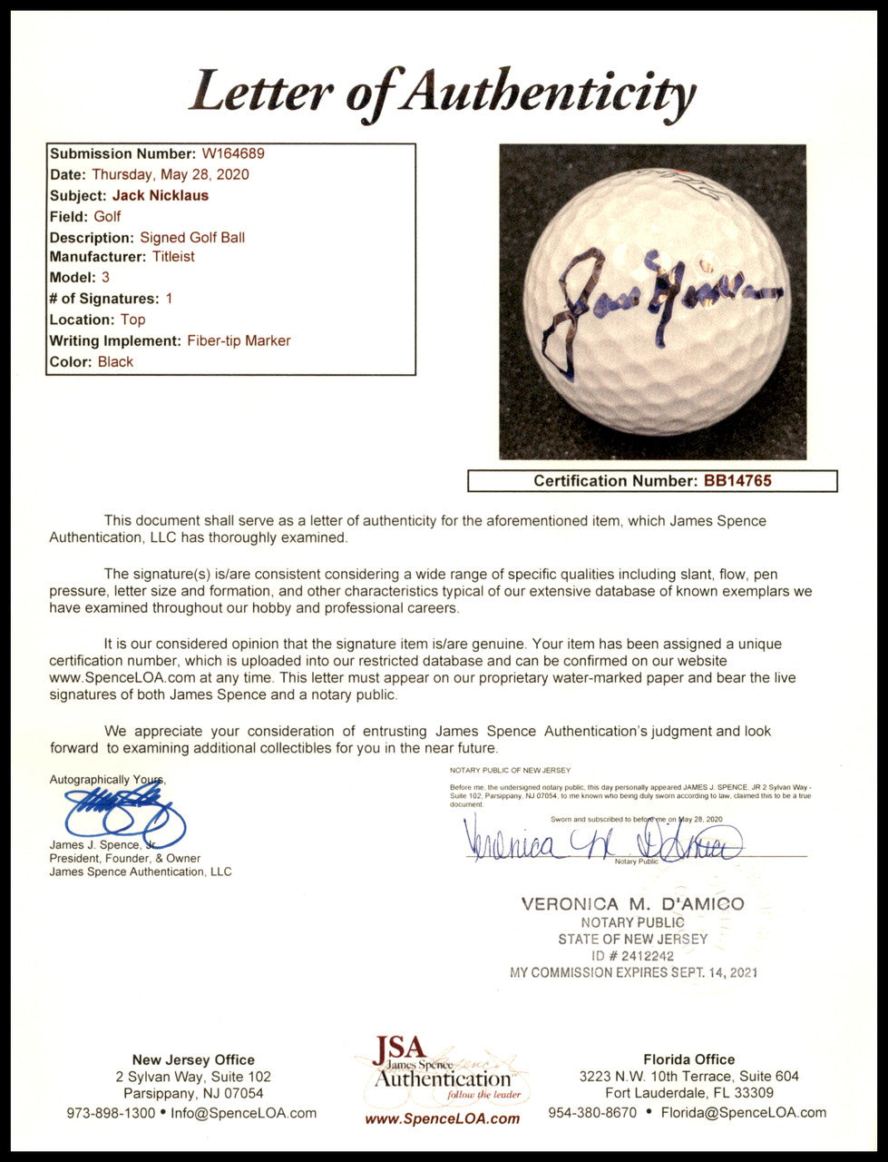 Jack Nicklaus Autographed Titleist Golf Ball JSA #BB14765