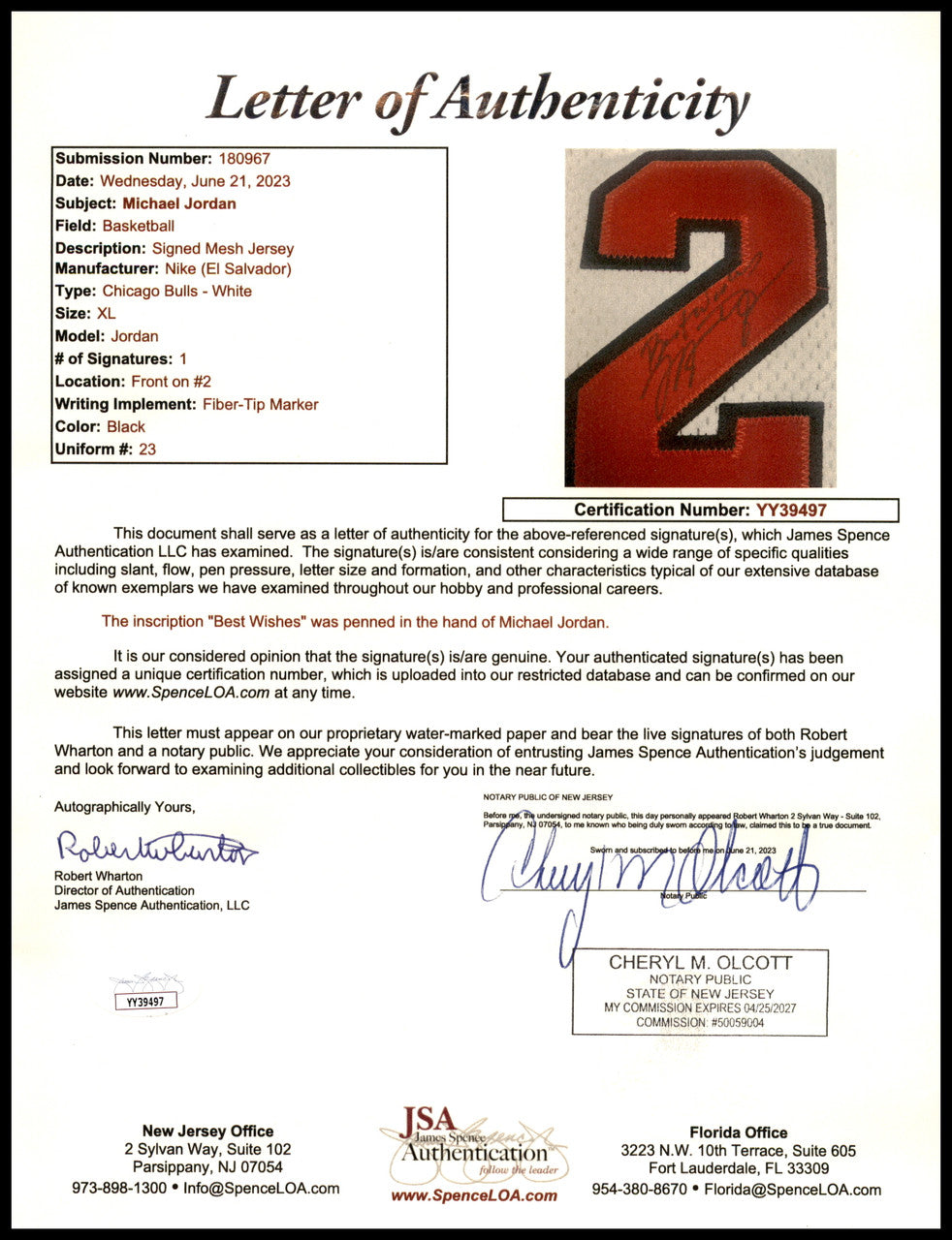 Michael Jordan Autographed Framed White Nike Jersey Chicago Bulls "Best Wishes" JSA #YY39497
