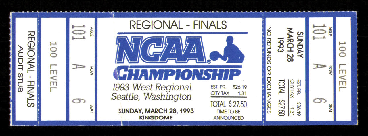 1993 NCAA Basketball Tournament West Regional Finals Unsigned Full Ticket Michigan (Creases) SKU #222649