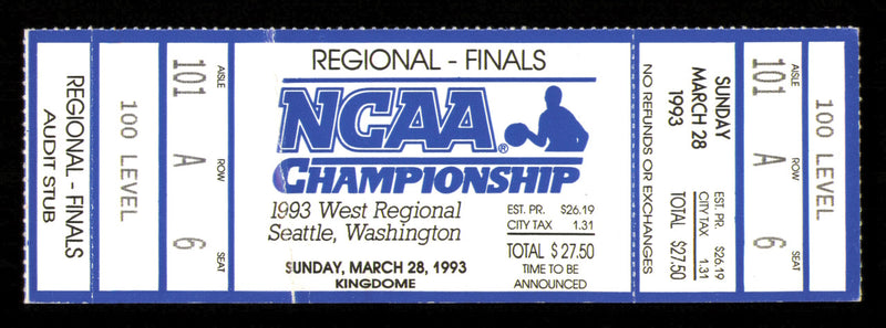 1993 NCAA Basketball Tournament West Regional Finals Unsigned Full Ticket Michigan (Creases) SKU #222649