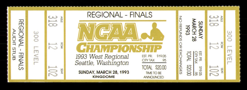 1993 NCAA Basketball Tournament West Regional Finals Unsigned Full Ticket Michigan SKU #222662