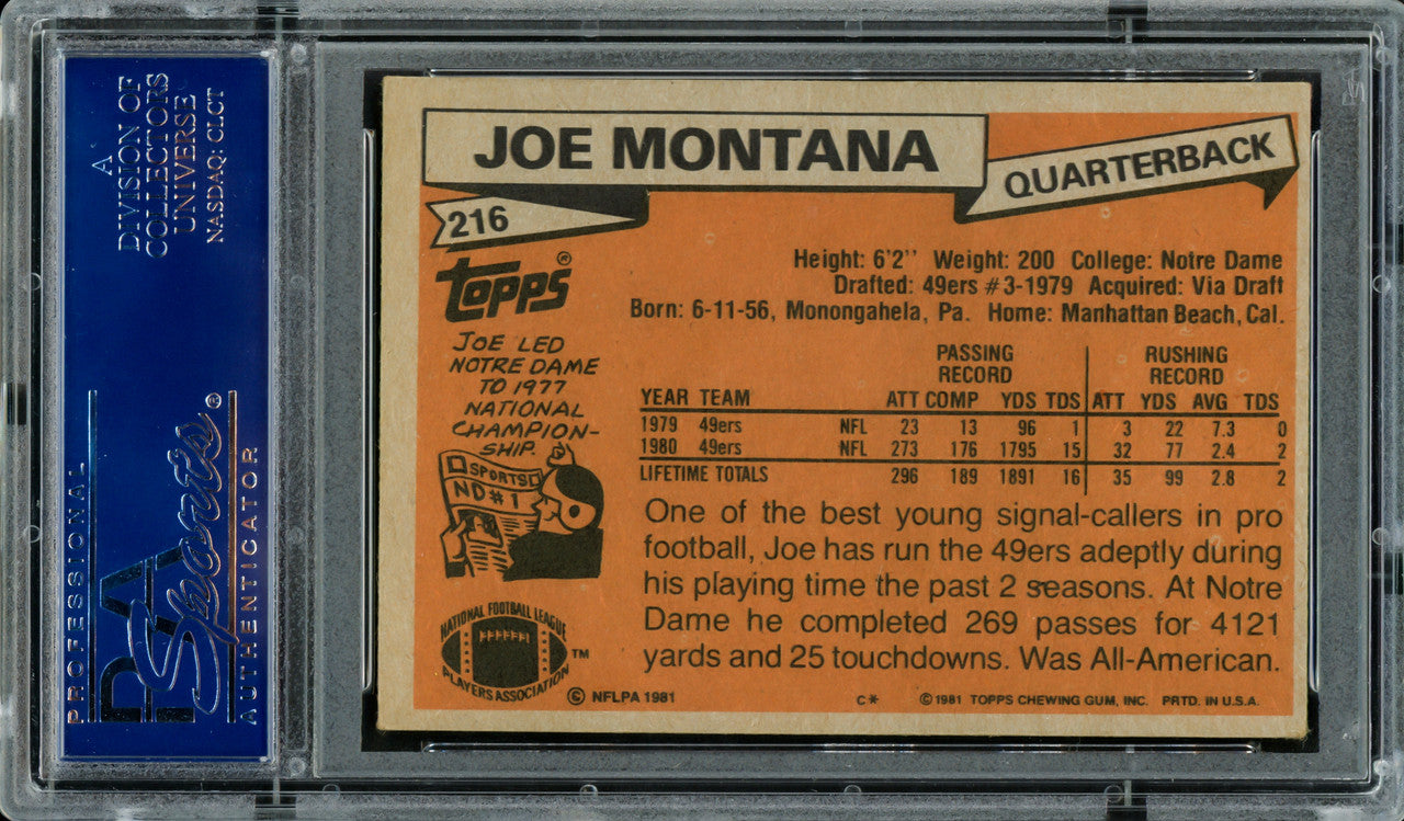 Joe Montana Autographed 1981 Topps Rookie Card #216 San Francisco 49ers "79 NFL Draft, Rd. 3, & Pick 82" PSA/DNA #83446110