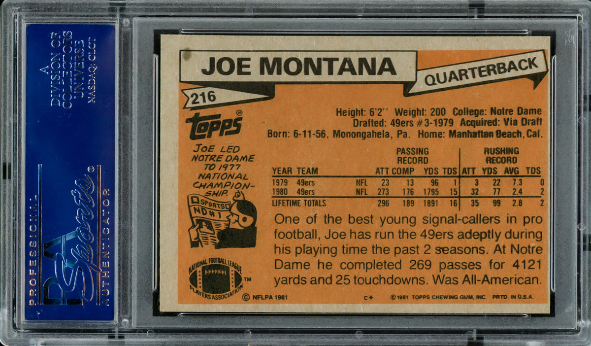 Joe Montana Autographed 1981 Topps Rookie Card #216 San Francisco 49ers "1979 NFL Draft, Rd. 3, & Pick 82" PSA/DNA #83446102