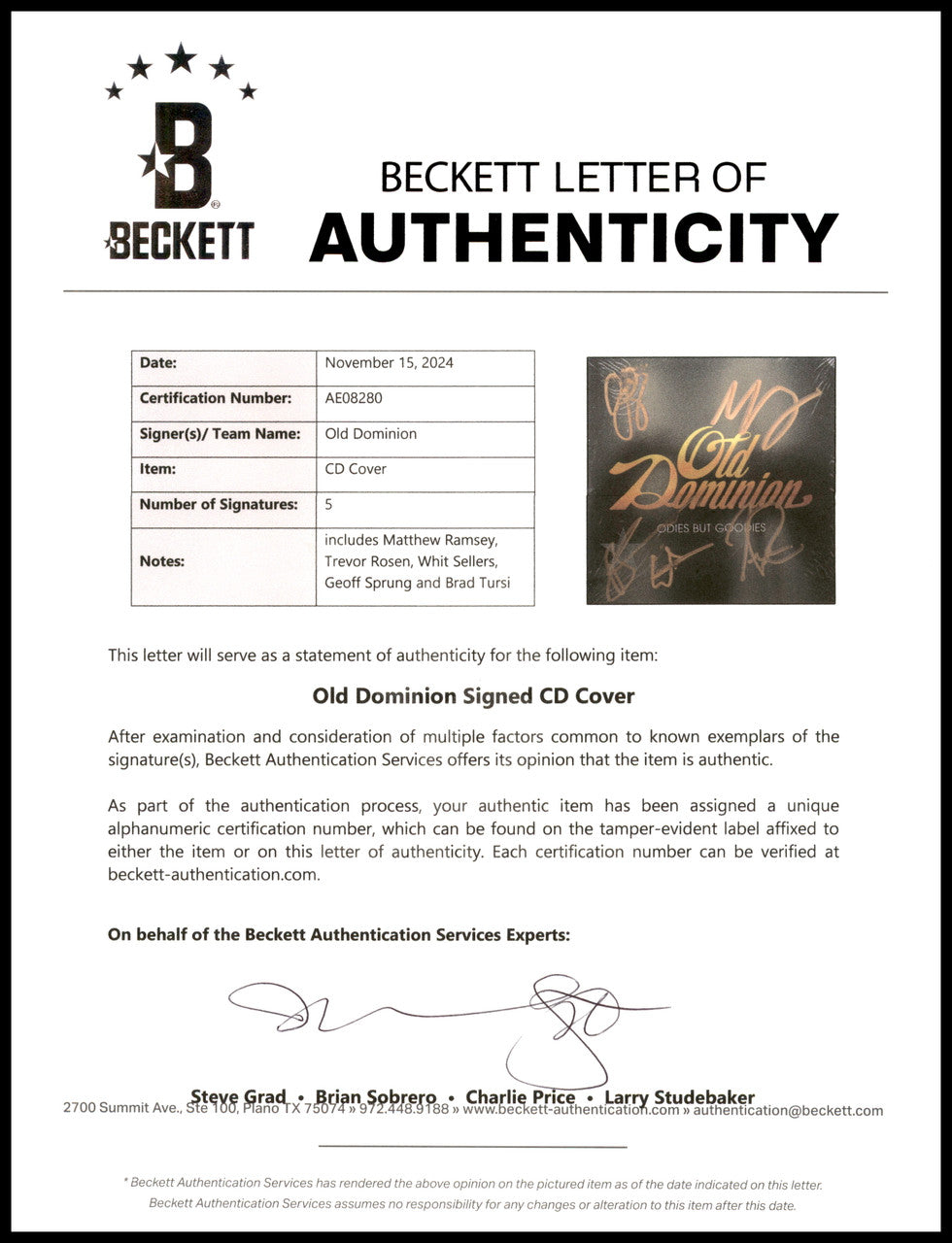 Old Dominion Autographed "Odies But Goodies" CD Cover Signed By All 5 Band Members Beckett BAS #AE08280