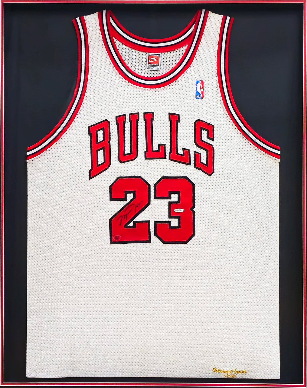 Chicago Bulls Michael Jordan Autographed Framed White Nike Authentic 1998-99 Retirement Season Jersey Beckett BAS & UDA Holo #BAF78946