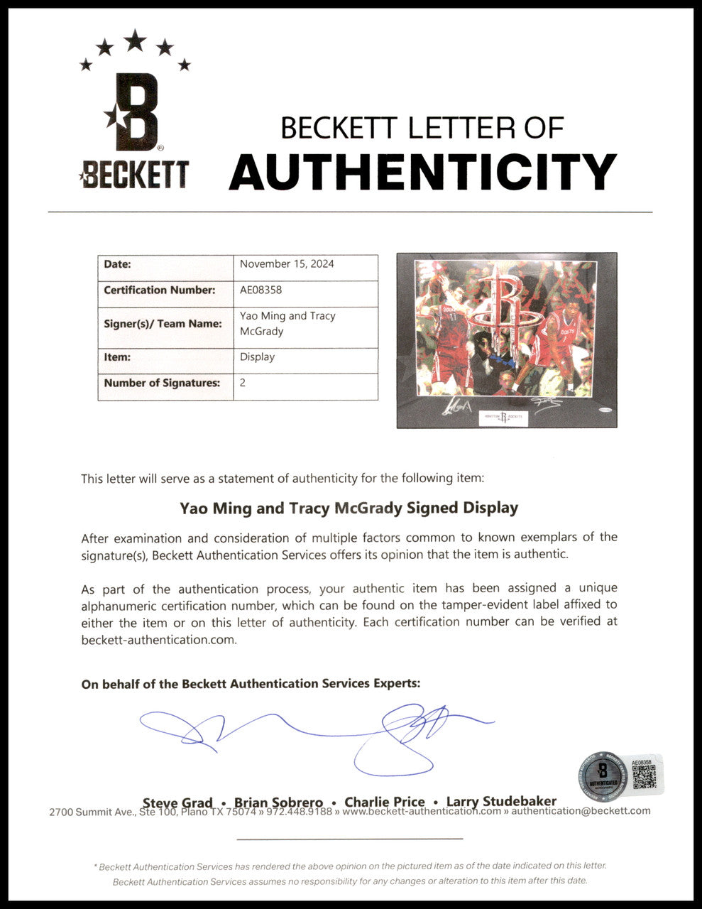 Yao Ming & Tracy McGrady Autographed Framed 10x13 Photo Art Display Houston Rockets UDA Holo & Beckett BAS #AE08358