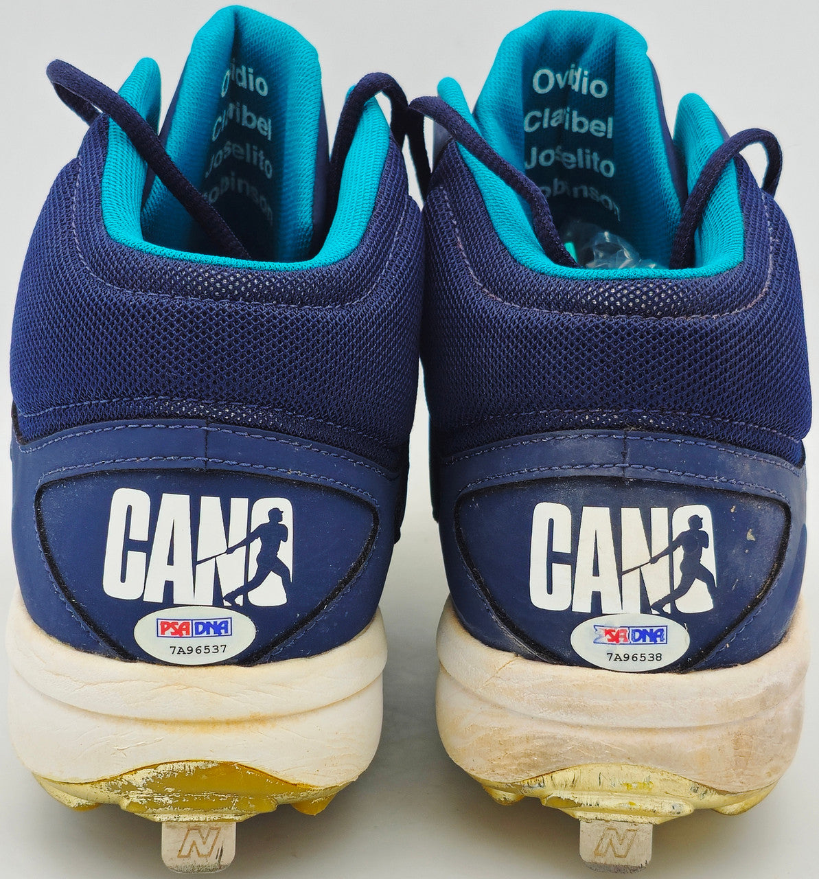 Robinson Cano Autographed Pair of Game Used Blue, Gold & Teal New Balance Revlite Cleats Seattle Mariners PSA/DNA #7A96537 & 7A96538