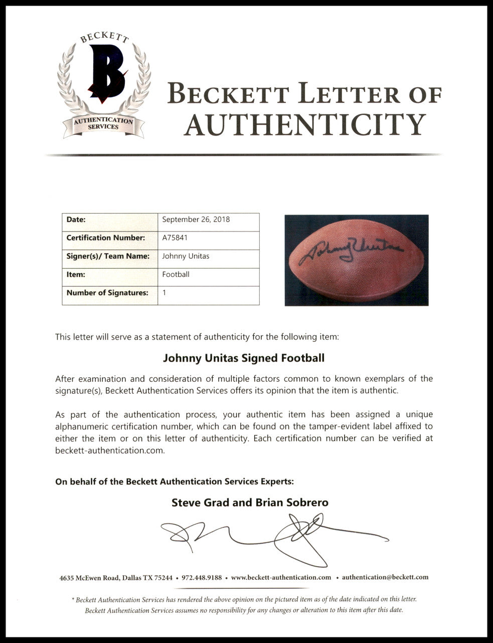 Johnny Unitas Autographed Official NFL Leather Football Baltimore Colts Beckett BAS #A75841