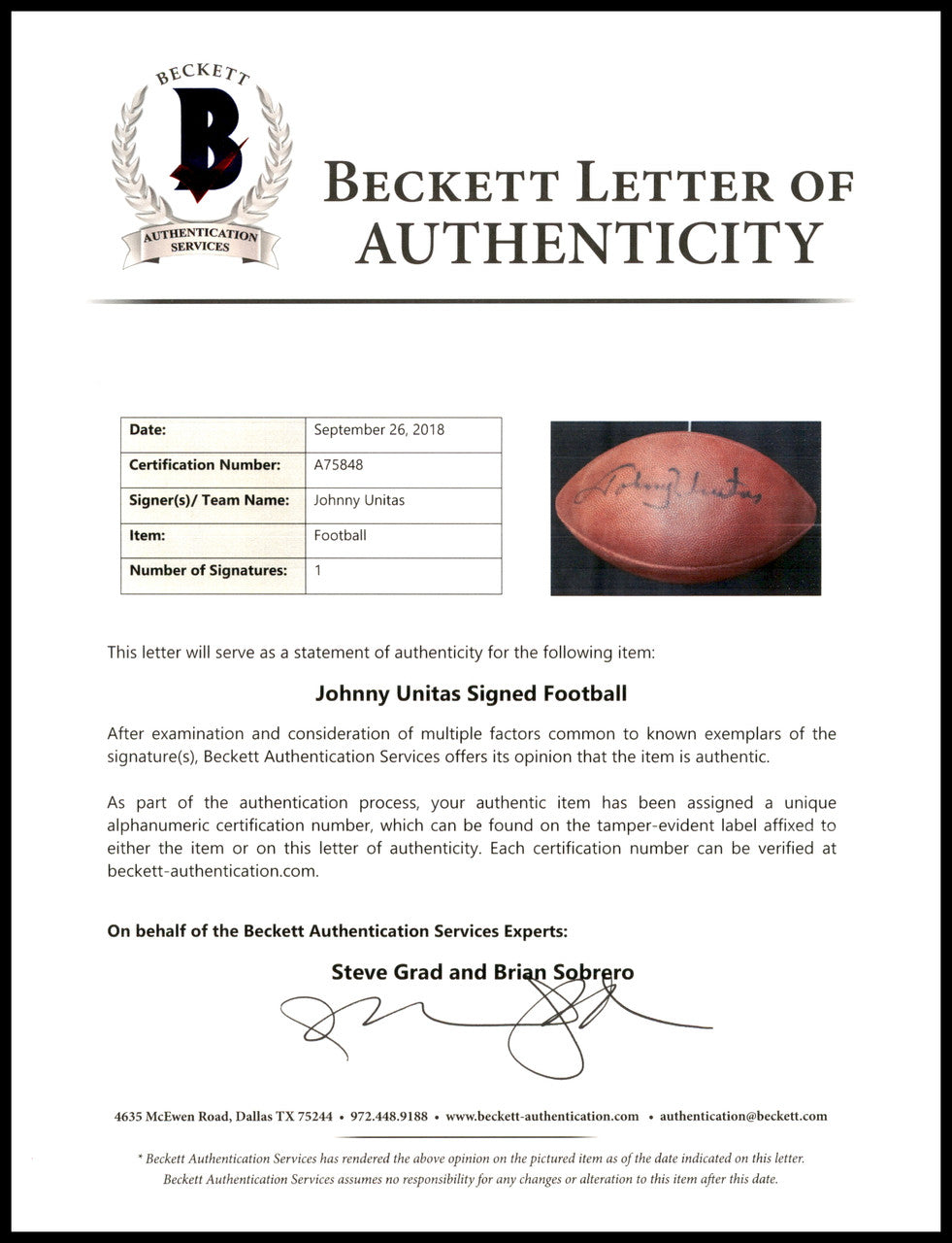 Johnny Unitas Autographed Official NFL Leather Football Baltimore Colts Beckett BAS #A75848