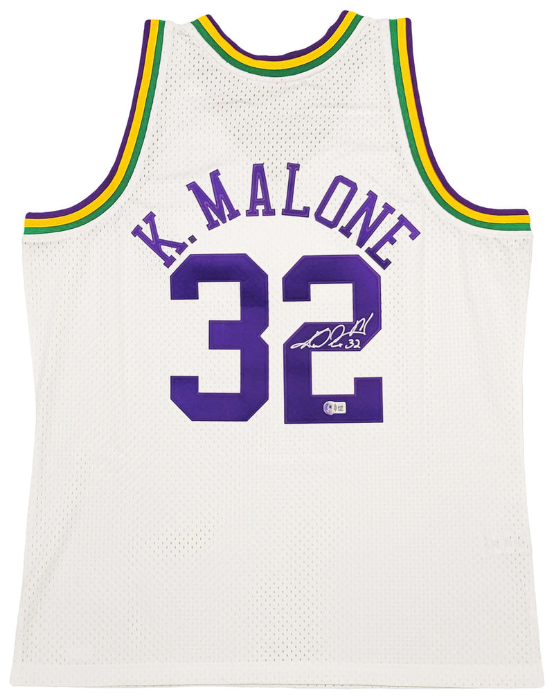 Utah Jazz Karl Malone Autographed White & Purple Authentic Mitchell & Ness Jersey Size XL Beckett BAS Stock #211875